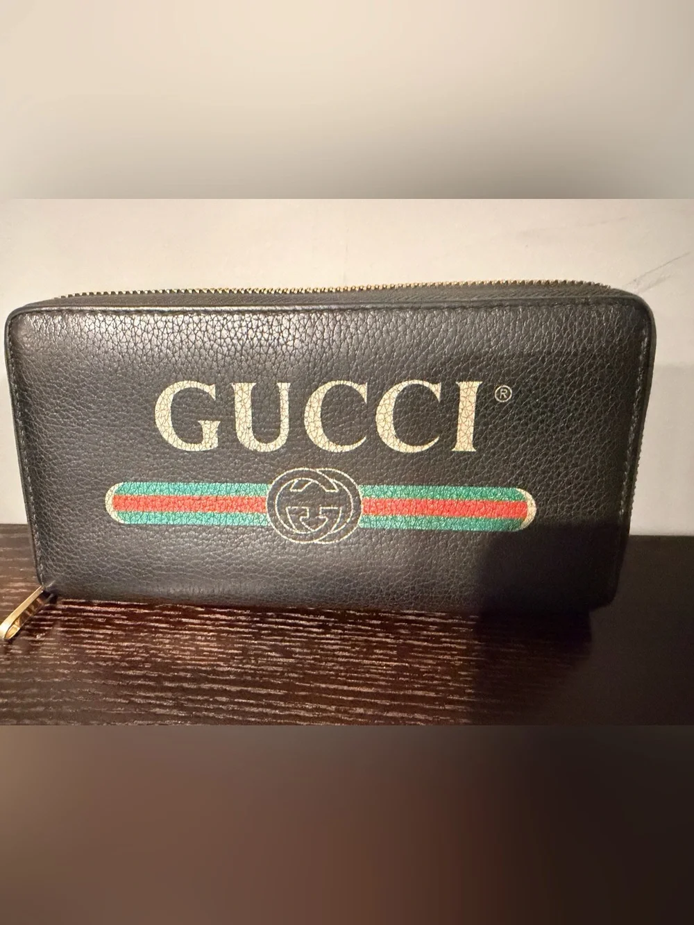 Gucci Black Zip-Around Leather Long Wallet w/ Green & Red Stripe Detail